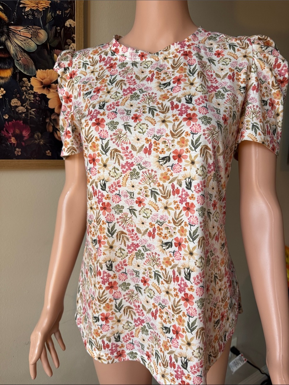 Floral Puff Sleeve Blouse in Cream with Pink & Green Accents